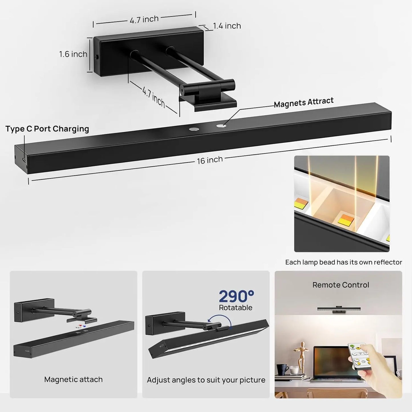 PRTILOUD Wireless Art Light For Paintings Dimmable With Remote