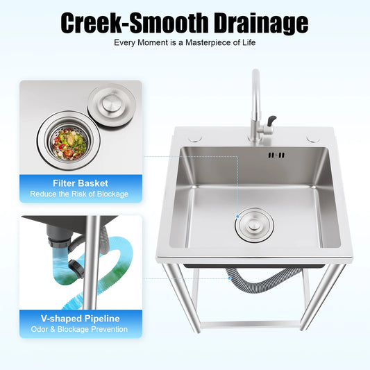 Free Standing Single Bowl Stainless Steel Kitchen Sink With Faucet